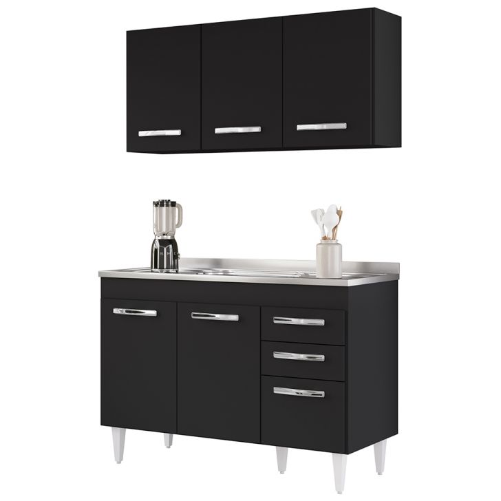 Armário Aéreo Honduras e Balcão Gabinete com Pia 120cm Suécia Preto - Lumil