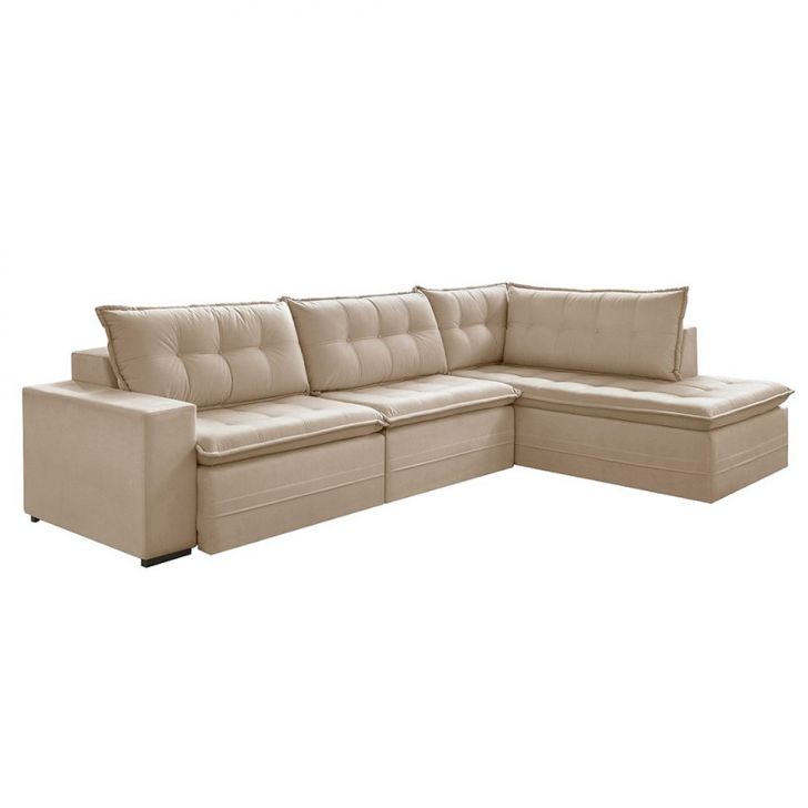 Image of Sofá 5 Lugares Presidente Com Chaise Direito Veludo Marfim 366 Cm PLA-ES745UP26LGRMOB