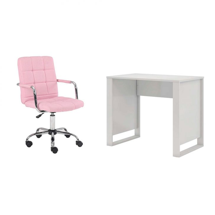 Conjunto de Mesa Morada Branca com Cadeira de Escritório Secretária Giratória Fitz Rosa