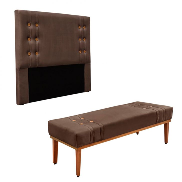 Conjunto de Cabeceira Queen com Recamier Gênova Veludo Marrom