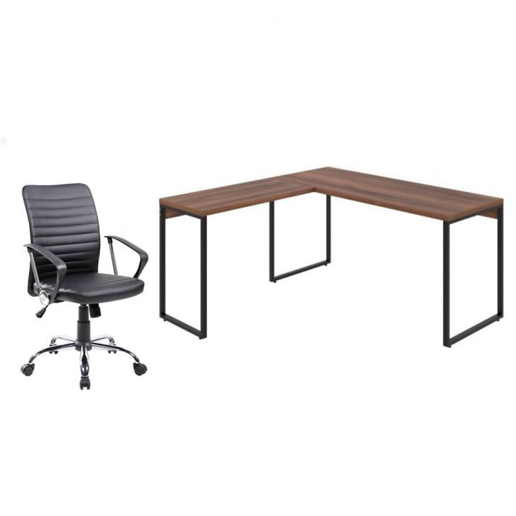 Conjunto de Mesa Kuadra Nogal 150 cm com Cadeira de Escritório Diretor Giratória Oslo Preta