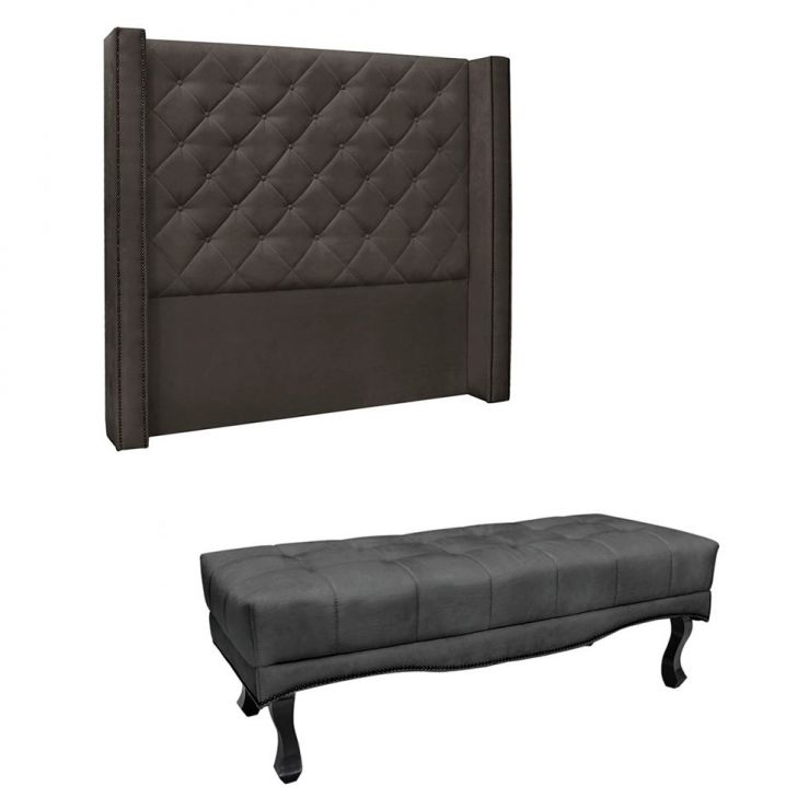 Conjunto de Cabeceira Casal com Recamier Vicenza Suede Cinza