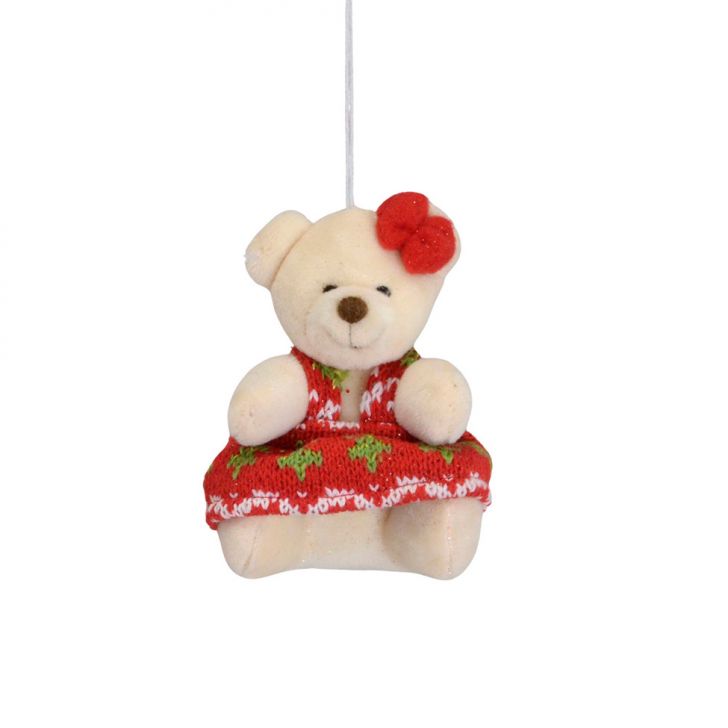 Enfeite Natalino para Árvore Espressione Ursa com Vestido Bege e Vermelho 11 cm
