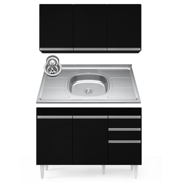 Armário Aéreo Virgínia e Balcão Com Pia 120cm Michigan Preto - Lumil