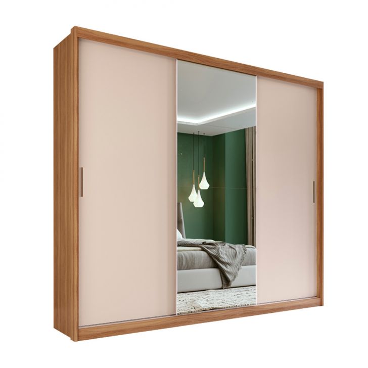 Guarda-roupa Casal Com Espelho Dalila Flex 3 Portas 2 Gavetas Amêndola E Off White