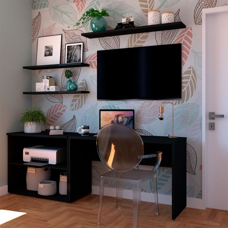 Conjunto De Mesa Com Estante E 3 Prateleiras Siena Preto