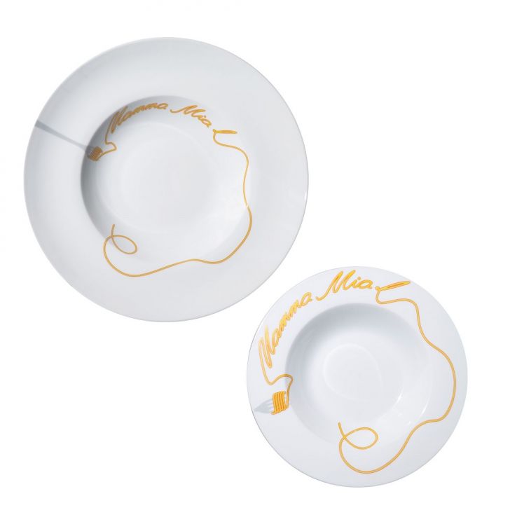 Jogo de Pratos para Massa Mamma Mia Branco e Amarelo