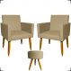 Kit 2 Poltronas Decorativas Reforçadas Para Sala Nina + Puff Redondo Suede Nude Pé Castanho - Clique E Decore