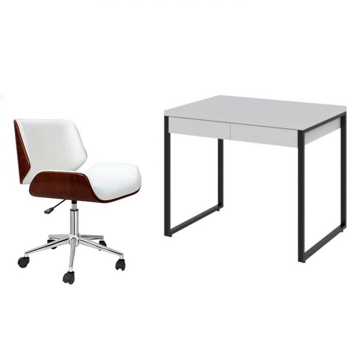 Conjunto de Mesa Kuadra 2 GV com Cadeira de Escritório Diretor Giratória Lauren Branca