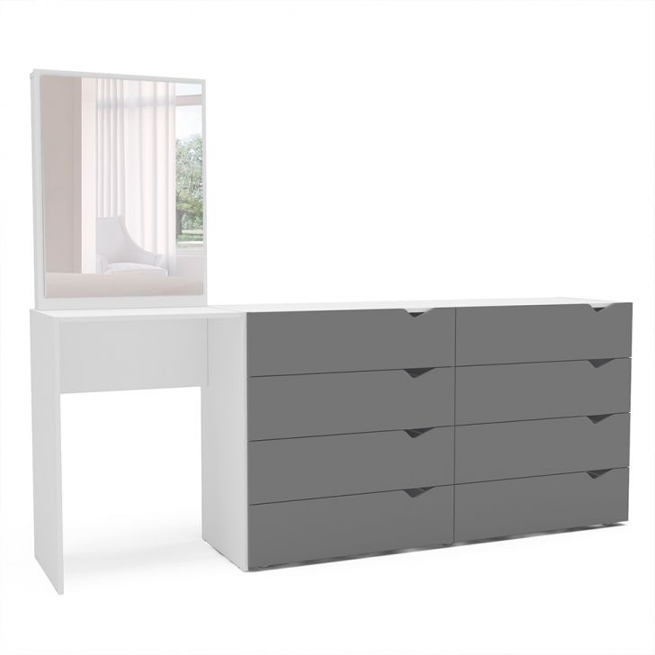 Cômoda com Espelho Porto 8 Gavetas Branca e Cinza