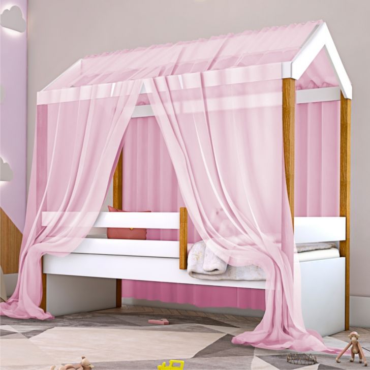 Cama Montessori Cabana Solteiro com Colchão e Dossel Rosa