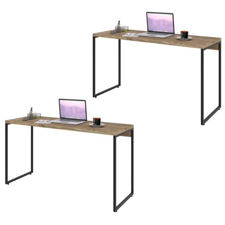 Kit 2 Mesas de Escritório Office 135cm Estilo Industrial Prisma C08 Carvalho - Mpozenato