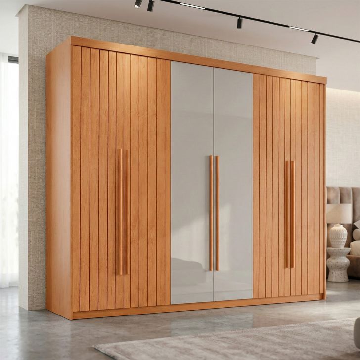 Guarda-roupa Casal Frisado Xangai 100% Mdf 6 Portas 2 Gavetas Naturalle E Off White