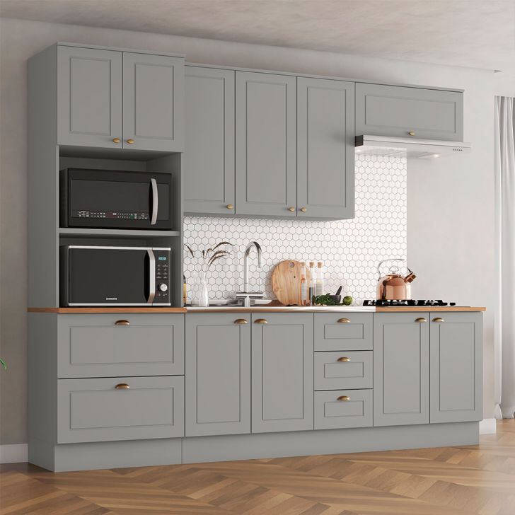Cozinha Compacta Americana 10 Portas 5 Gavetas Cinza e Nature