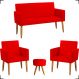 Kit Namoradeira + 2 Poltronas Decorativas Para Sala Nina + Puff Redondo Suede Vermelho Pé Castanho