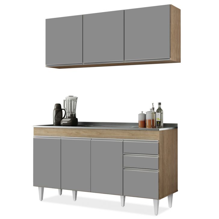 Armário Aéreo Argélia e Balcão Com Pia 150cm Marrocos Castanho/Cinza - Lumil Móveis