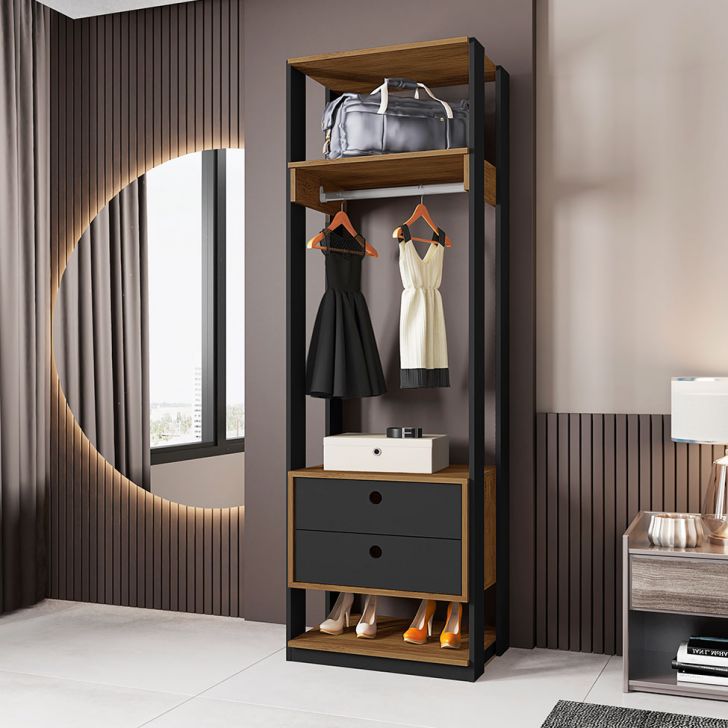 Guarda-roupa Closet Titan 2 Gavetas Preto E Freijó