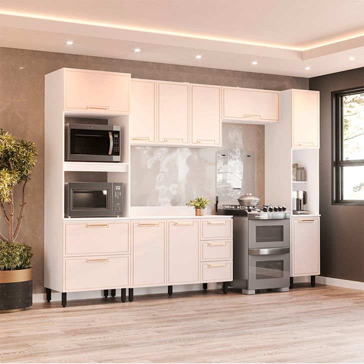 Image of Cozinha Completa Com Tampo E Paneleiro Amara 10 Portas 4 Gavetas Creme E Branca PLA-MO895CL26PYRMOB