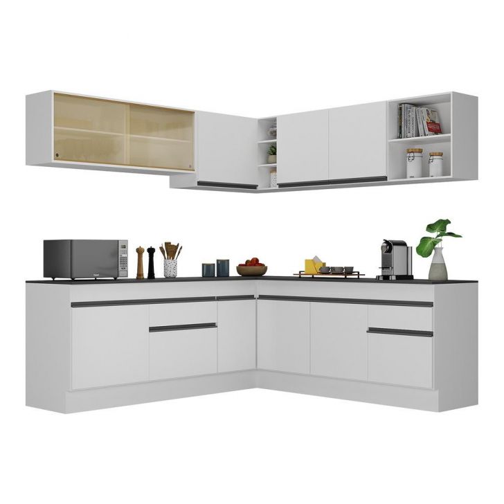 Armário de Cozinha Completa de Canto com Rodapé Veneza Multimóveis V2096  Branco/Preto