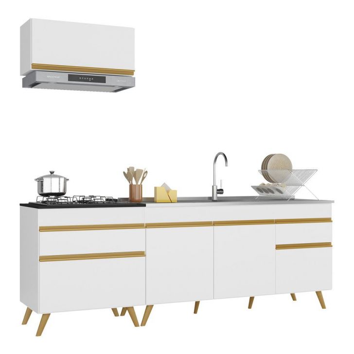 Armário de Cozinha Compacta 220cm Veneza Multimóveis V2074 Branco/Dourado