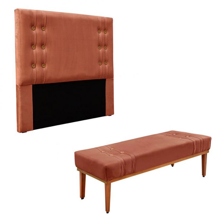 Conjunto de Cabeceira King com Recamier Gênova Veludo Cobre
