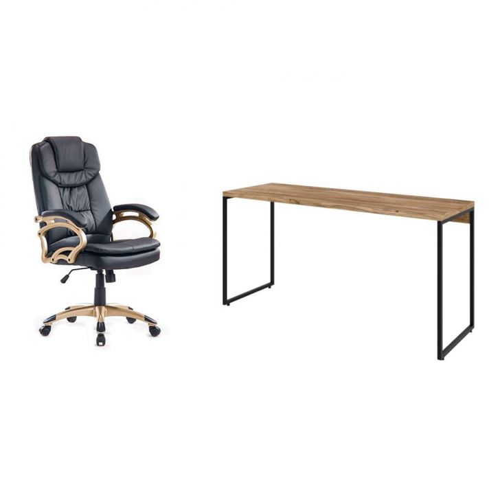 Conjunto de Mesa Studio Carvalho 150 cm com Cadeira de Escritório Presidente Giratória com Relax Clark Preta e Dourada