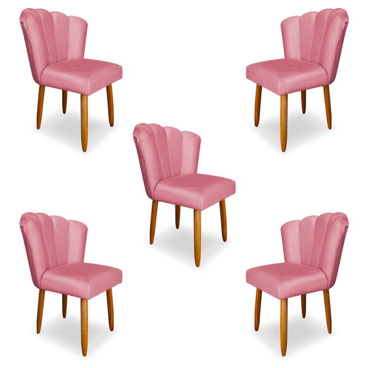 Kit 5 Cadeiras de Jantar Pétala Estofada Pés Palito Veludo Rosa - Montanaris Decor