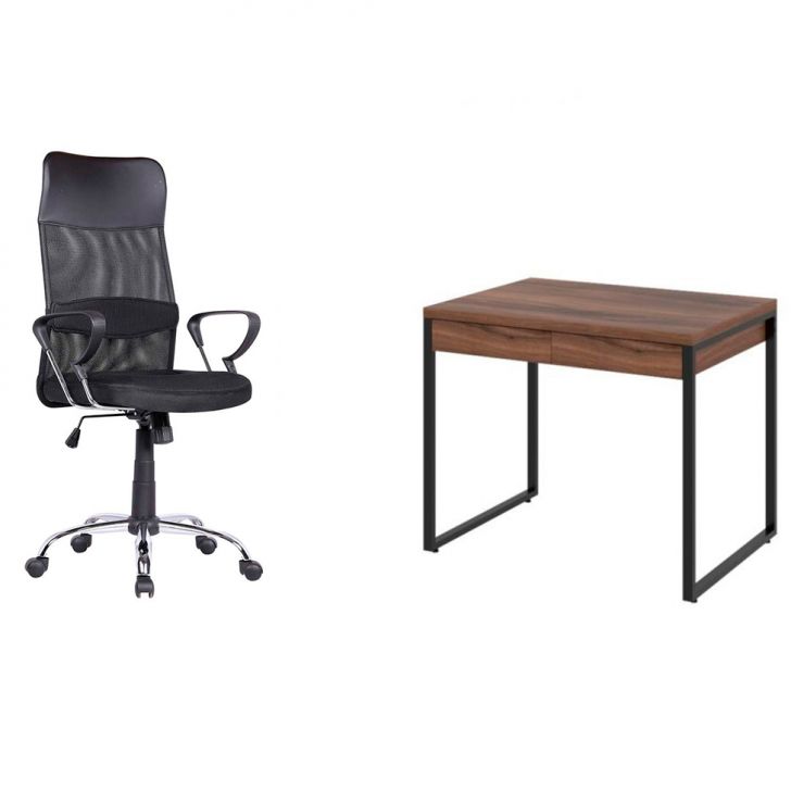 Conjunto de Mesa Kuadra 2 GV Nogal com Cadeira de Escritório Diretor Giratória Vancouver Preta