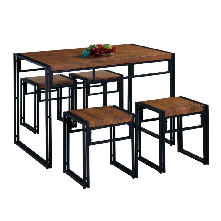 Conjunto De Mesa Wooden Com 4 Bancos | Banquetas Preto E Amêndoa