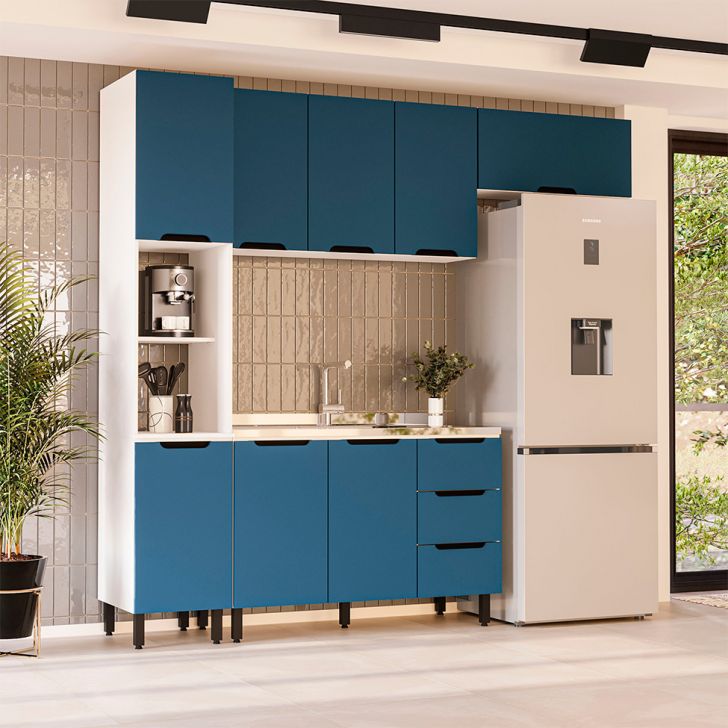 Cozinha Compacta Sem Tampo Meena 8 Portas 3 Gavetas Azul E Branca