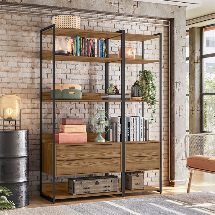 Conjunto De Módulos Estante Para Livros Industrial Mital 4 Gavetas Conhaque E Preto 143 Cm