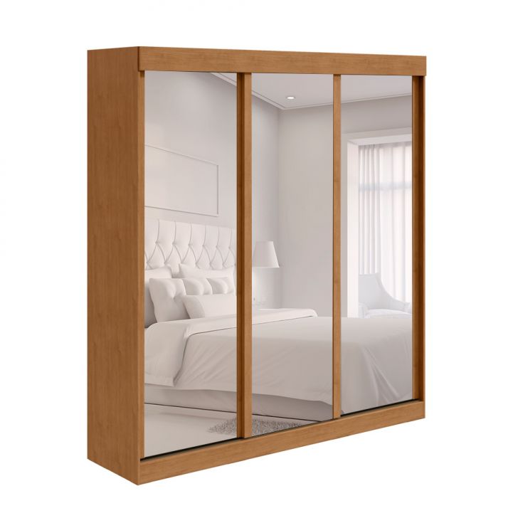 Guarda-roupa Casal Com 3 Espelhos Saion Sem Pés 3 Portas 3 Gavetas Off White E Amêndoa