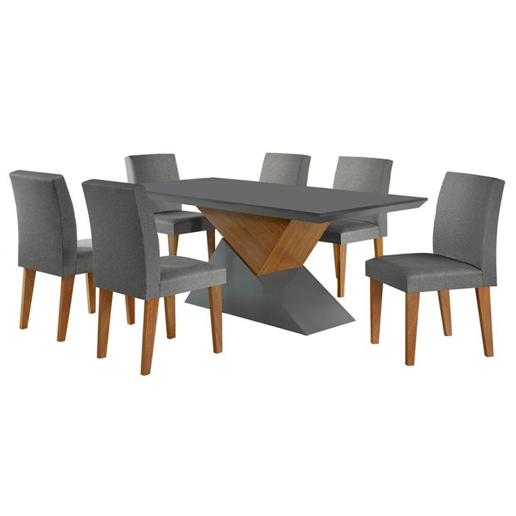 Conjunto De Mesa De Jantar Retangular Com Tampo De Vidro Turmalina E 6 Cadeiras Grécia Linho Grafite E Imbuia