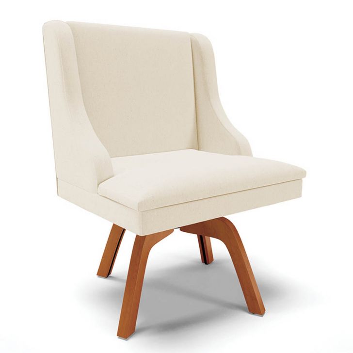 Cadeira Estofada para Sala de Jantar Base Giratória de Madeira Lia Linho Bege - Ibiza