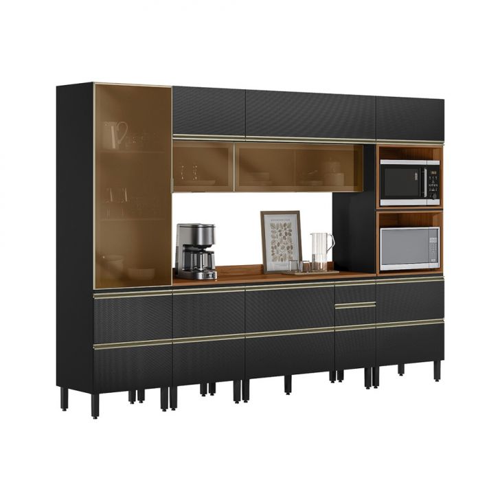 Armário de Cozinha Completa com 3 Vidros Reflecta Proença 9 Portas 8 Gavetas Carbono e Nogueira