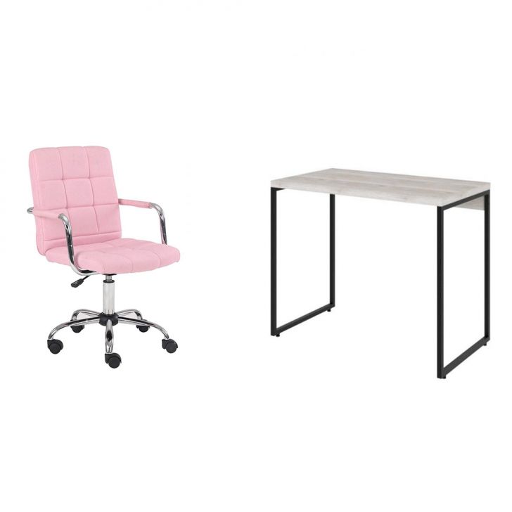 Conjunto de Mesa Studio Bege com Cadeira de Escritório Secretária Giratória Fitz Rosa