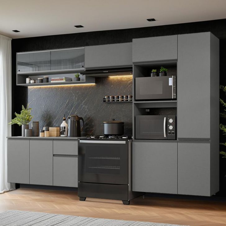 Armário de Cozinha Completa Suspenso 300cm Cinza Nimes Madesa 07