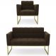 Sofá Namoradeira e 1 Poltrona Base Industrial Dourado Ana Suede Marrom - Ibiza