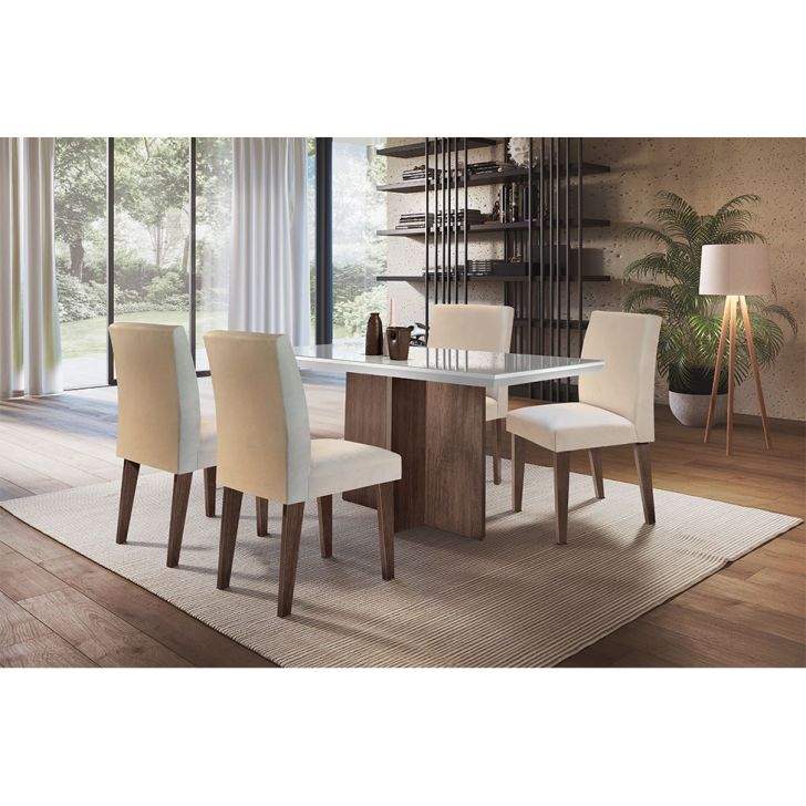 Conjunto De Mesa De Jantar Berlim I Com Tampo De Vidro Off White E 4 Cadeiras Grécia Veludo Creme
