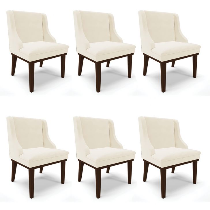 Kit 06 Cadeiras de Jantar Liz Veludo Bege Base Fixa Madeira Tabaco - D'Rossi