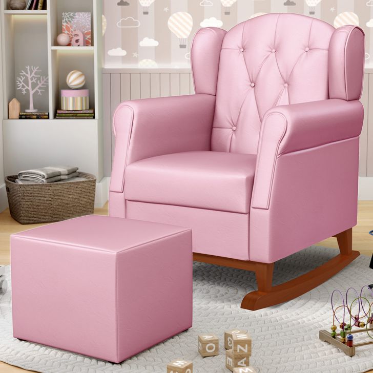 Poltrona de Amamentação Base de Madeira Balanço e Puff Lucy P04 Sintético Rosa - Mpozenato