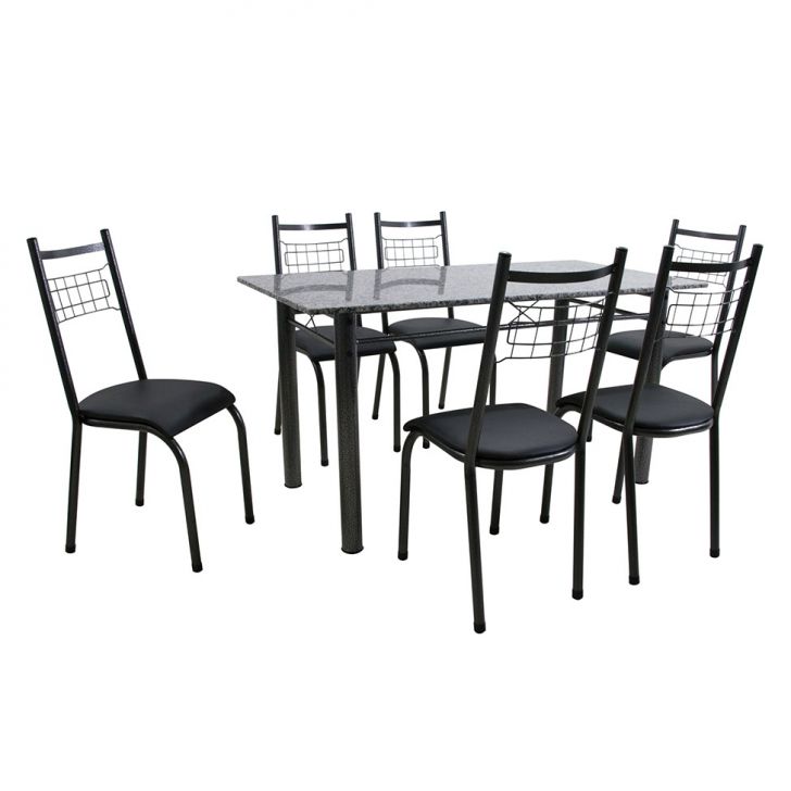 Conjunto De Mesa Granada Com 6 Cadeiras Lisboa Preto Prata E Preto Liso