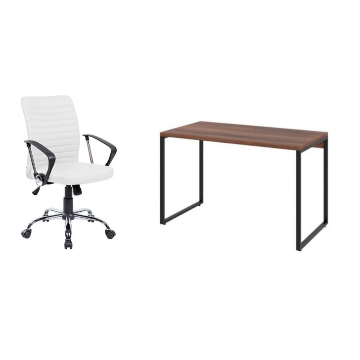 Conjunto de Mesa Kuadra Nogal 120 cm com Cadeira de Escritório Diretor Giratória Oslo Branca