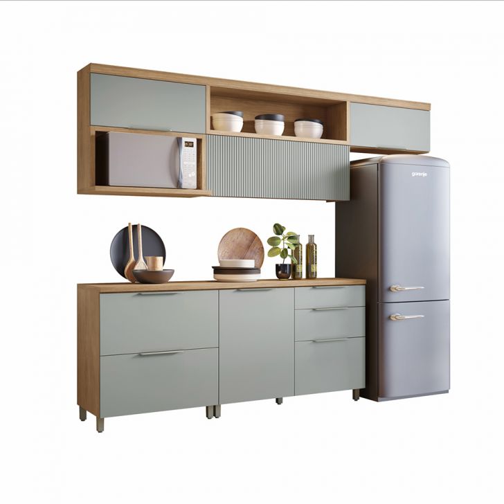 Cozinha Compacta Marquesa II 100% MDF 5 Portas 4 Gavetas Verde e Nature