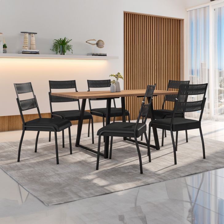 Conjunto De Mesa Retangular Com Tampo De Mdp Marrom Claro Atlanta E 6 Cadeiras Atenas Revestimento Sintético Preto