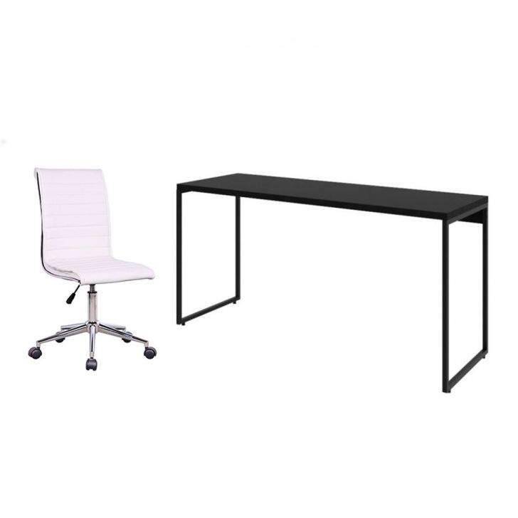 Conjunto de Mesa Studio Preta 150 cm com Cadeira de Escritório Secretária Giratória Marilyn Branca