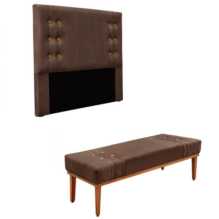Conjunto de Cabeceira Solteiro com Recamier Gênova Veludo Marrom