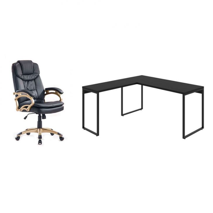 Conjunto de Mesa Kuadra II 150 cm com Cadeira de Escritório Presidente Giratória com Relax Clark Preta e Dourada