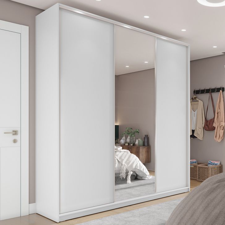 Image of Guarda-roupa Solteiro Com Espelho Zermatt 100% Mdf  3 Portas 3 Gavetas Branco PLA-RR985CL06AVPMOB