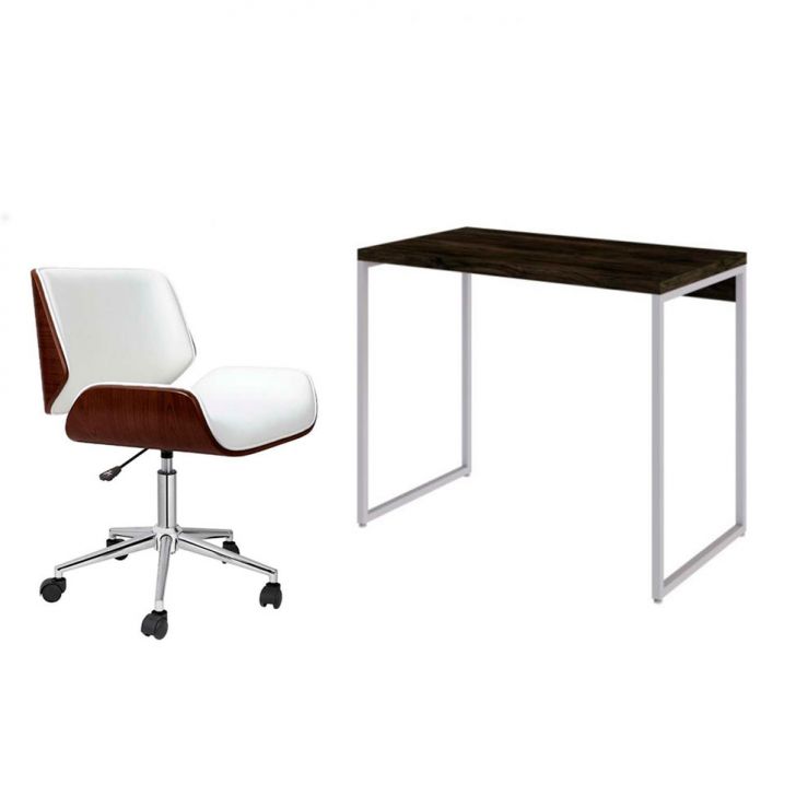 Conjunto de Mesa Studio Carvalho Dark com Cadeira de Escritório Diretor Giratória Lauren Branca